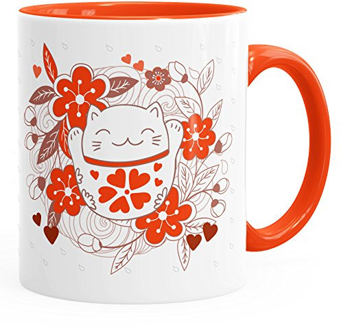 Autiga Kaffee-Tasse Glückstasse Glückskatze Winkekatze Geschenk-Tasse orange Unisize