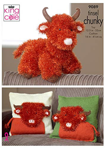 King Cole 9089 Knitting Pattern Highland Cow Toy & Cushion Covers in King Cole Tinsel Chunky, 3.25 mm