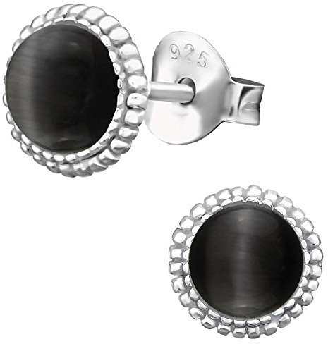 EYS JEWELRY Damen Ohrringe Silber 925 - runde Katzenaugen - 7 mm grau schwarz - Ohrstecker Stecker