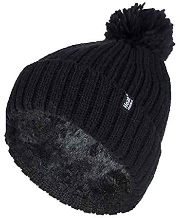 HEAT HOLDERS - Ladies Thick Chunky Ribbed Cuffed Thermal Insulated Winter Pom Pom Bobble Hat (One Size, Black (Arden))