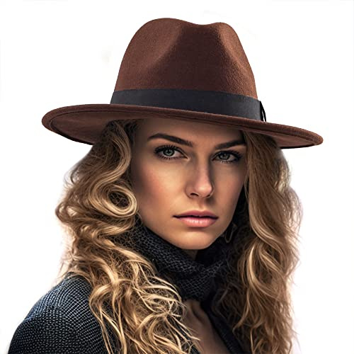 LADYBRO Coffee Wool Felt Wide Brim Fedora Hats for Women Panama, 58cm Adjustable