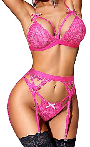 RSLOVE Sexy Femme Ensemble Lingerie Jarretière avec Porte Jarretelles Dentelle Soutien-Gorge et Culotte Rose XL