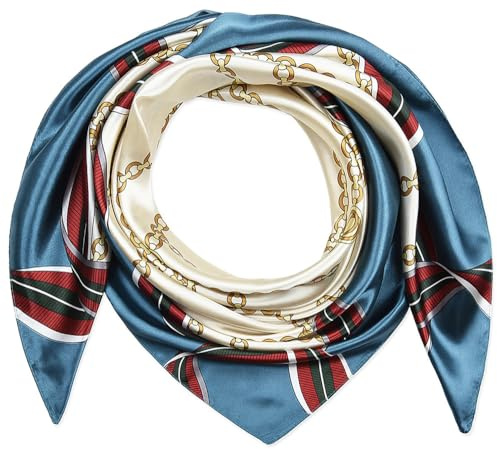 corciova 35 Women Silk Feeling 90 cm Square Hair Neck Sleeping Scarf Sea Blue Seashell Geometric Chains