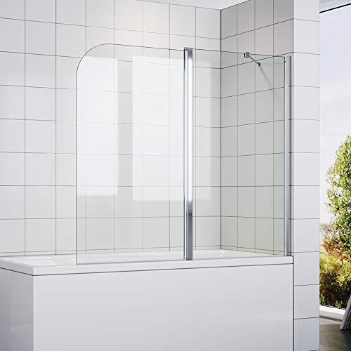 SONNI Duschwand für badewanne 2 Teilig 120x140cm (BxH) Klarglas 180° Duschwand Badewannenaufsatz, Duschwand für badewanne mit Stabilisator