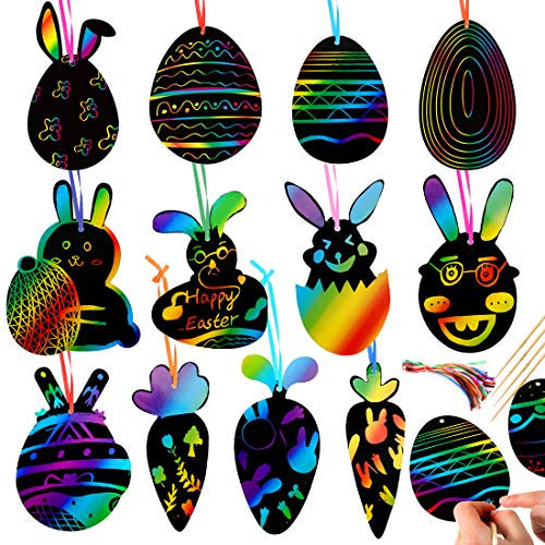 Wishstar Ostern Kratzbild,Kratzpapier Bastelset 36 Stück,Oster Kaninchen Karottenei Scratching Painting,Kann für Osterdekoration,DIY Geschenke für Kinder Verwendet Werden