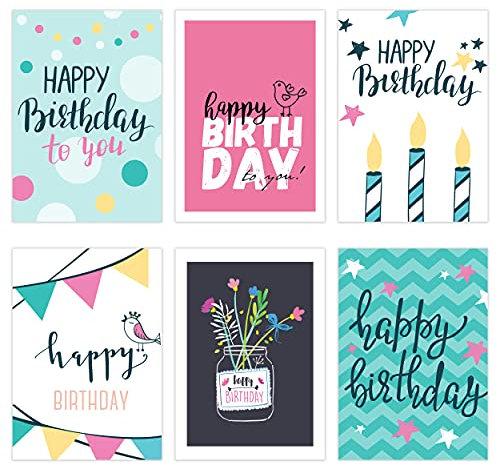 Friendly Fox Geburtstagskarten Klappkarten - 6 Glückwunschkarten zum Geburtstag - A6 Faltkarten mit Umschlag - Happy Birthday Karten Set für Erwachsene & Kinder (S1)