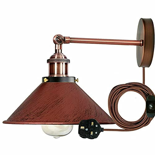 Plug-In Wall Light - Adjustable LED Sconce, Modern Wall Lamp with Cord, Easy Install, Dimmable with Switch, Stylish for Office, Industrial Chic, Space-Saving Fixture. (With Out Bulb, Rustic Red)