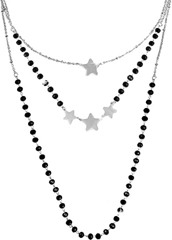 Beloved ❤️ Collana donna tre file in acciaio con cristalli briolè neri - Charms a tema e cristalli - Lunghezza regolabile con moschettone - Cuori (Stelle)