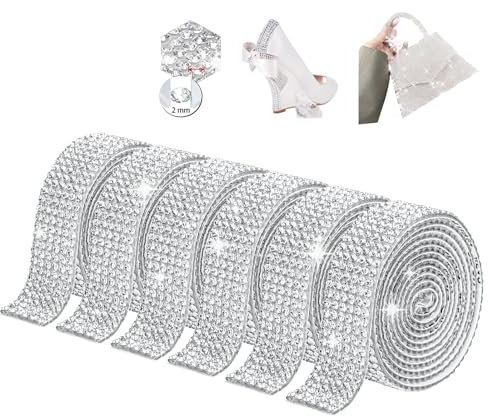 Selbstklebend Glitzersteine Bänder, Qianyou 6 Rollen Strasssteine Aufkleber, Diamant Rollenband, Nähbar Edelstein Streifen, Glitzerkleber Kristall Strass für DIY-Dekoration Handwerk(Silber Weiss)