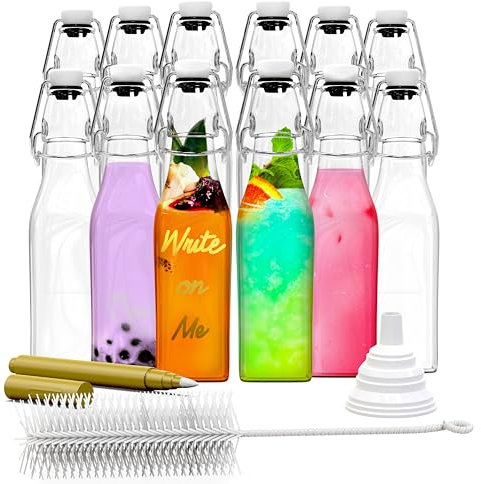 Nevlers Glasflaschen mit Bügelverschluss, quadratisch, 240 ml, 12-teiliges Klappverschluss-Glasflaschen-Set, Bügelverschluss-Flaschen für Bier, Glasflaschen mit Bügeldeckeln