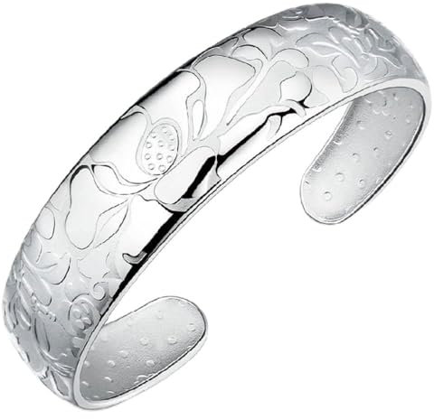 Stylish-Art Klassische Mode-Manschettenarmbänder Aus Silber 925,Eleganter,Exquisiter Lotus-Armreif Mit Breitem Knall Für Frauen,Damen,Schmuck Zum Muttertag,Silber