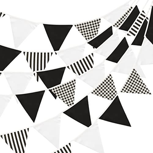jijAcraft 12M Stoff Wimpel Girlande, Wimpelkette Streifen Schwarz Stoffgirlande mit 42 STK Farbenfroh Wimpeln für Hochzeits Geburtstag Garten Party