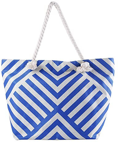 crazy bean Große Strandtasche mit Reißverschluss Damen Badetasche für Reisen Sommer Shopper Schultertasche Beach Tote Bag（Blaue Weiße Streifen）