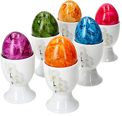Van Well Vanda 6er Set Eierbecher I 6 Personen I weiße Orchideen I weiße Porzellan-Eierhalter, Eierständer, Egg Cup I Oster-Eier, Oster-Frühstück I Becher fürs Frühstücksei I Easter Egg