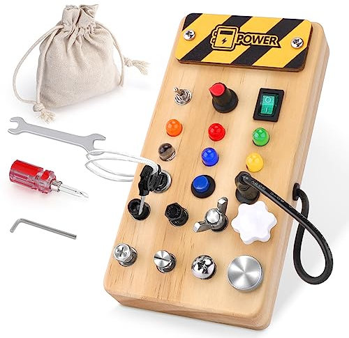 Montessori Spielzeug ab 3 Jahre Busy Board Holzspielzeug Schraubbrett Kinder mit 6 LED-Schaltern und 8 Schraubentypen Schraubendreher Werkzeugsatz mit Aufbewahrungstasche, 3 Werkzeugen