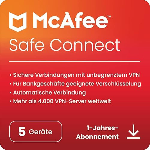 McAfee Safe Connect VPN (5 Geräte) 2025 | 12 Monate|Schützen Sie Ihre Online-Privatsphäre mit einem VPN | Digitaler download