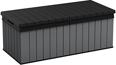 Auflagenbox/Kissenbox Darwin l 100% Wasserdicht l mit Belüftung dadurch kein übler Geruch/Schimmel l Moderne Holzoptik l Deckel belastbar bis 300 KG (2 Personen) (Graphit, 380 Liter)