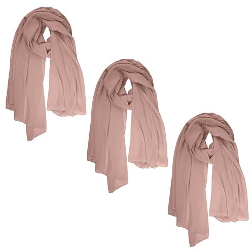 Love My Fashions® Chiffon-Schal für Damen, einfarbig, seidig, durchscheinend, für Damen, leicht, weich, modisch, langer Stola-Hals, solide Wickeltuch für alle Jahreszeiten, 3 Stück Altrosa, One size