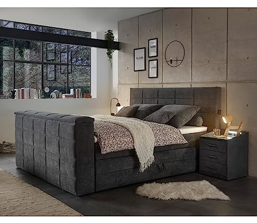 Lomadox Boxspringbett 180x200 cm mit Bettkasten und TV-Halterung | Doppelbett in anthrazit mit Härtegrad H2