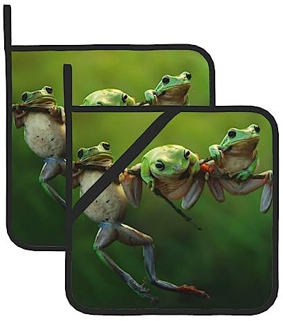 Lustige Frösche bedruckte Topflappen mit Taschen und rutschfesten, hitzebeständigen Topflappen, Ofen, heiße Pads zum Kochen, Backen, 20,3 cm, 2 Stück