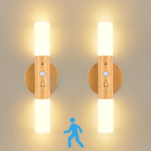 GuKKK Wandleuchte Innen 2 Stück, USB Aufladbar Wandleuchte Holz Innen mit Bewegungsmelder Induktions, Akku LED Wandlampe Warmweiß, Kabellos Led Wandleuchten Innen mit Schalter für Schlafzimmer, Flur