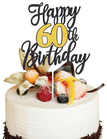 WLLHYF 1 Pack Black Gold Glitter Happy 60th Cake Topper Picks Fabulous Birthday Celebrating Party Decorations for Women Men Wedding Anniversary Supplies