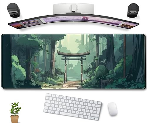 Japanese Green Forest Gaming Mouse Pad Anime Tree Woodland Desk Mat XL Large, Cute Aesthetics Women Office Desk Decor Laptop Computer Keyboard and Mouse Mat with Stitched Edges Matt 31.5''x11.8''