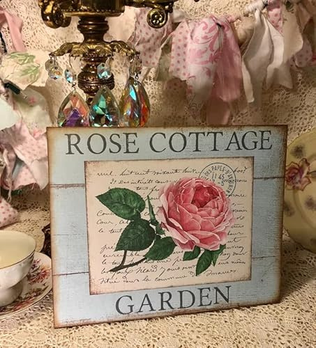 Rose Cottage Garden, Shabby Chic Sign Plaque Decorative Retro Metal Tin Sign Vintage Sign for Home Coffee Wall Decor 8x12 Inch