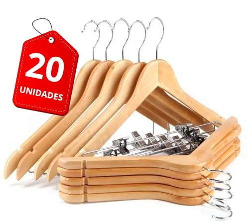 Percha de Madera con Pinzas metálicas, Gancho Giratorio 360°, Percha para Ropa, Pantalones, Camisas, Faldas, Trajes, Percha para Chaquetas, Antideslizante (20)