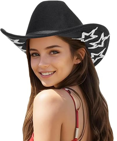 Cowboyhut für Damen, Glitzer, klassischer Western-Strass-Cowboyhut, Filzhut für Disco-Partys und Outdoorr, Schwarz-1, M