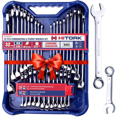 HITORK 32 Piece Combination Wrench Set, SAE and Metric, Standard and Stubby