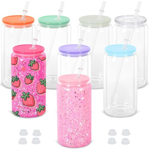 Maucircol Lot de 8 gobelets en verre de sublimation pré-percés pour boule à neige pailletée avec couvercle coloré, 473,6 g, gobelet en verre de sublimation à double paroi