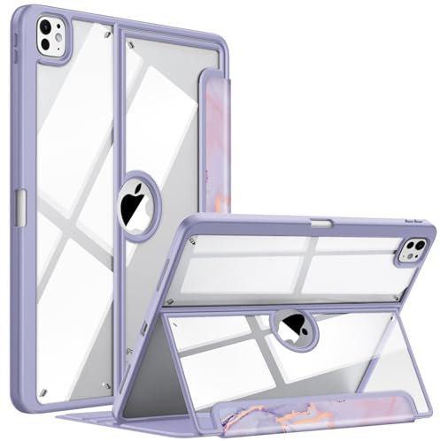 FINTIE Custodia per iPad Pro 13 Pollici (M5 2025 / M4 2024) con Portapenna - Multi-angli Case Antiurto Trasparente Cover Posteriore con Bordo in TPU Morbido, Lilla Marble