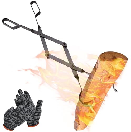 Pinzas de carbón para chimenea, largas, plegables, 66 cm, para cargas pesadas, pinzas de leña, pinzas para leña, accesorios para chimenea, accesorios para chimenea, antiescaldaduras, para fogatas y
