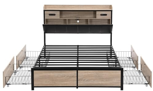 Genérico WenjingqiES-3194156AAA Bett mit Stauraum, 140 x 200 cm, mit Kopf- und Fußteil mit USB-Speicherung, Eiche + Metall, Schwarz