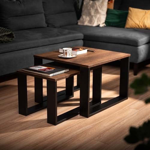 LEHMANN Tavolino Salotto Legno, set di 2 Tavolini da soggiorno in 2 Misure, Tavolini da caffè con Struttura Nera e Piano in Legno, Mobile Soggiorno in stile moderno, Facile da Montare