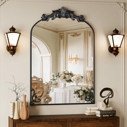 Koonmi Vintage Spiegel, 61 x 91 cm, antiker Barolon-Badezimmerspiegel für Wand, Blumenkopf, bruchsicheres gehärtetes Glas, gewölbte kunstvolle Spiegel für Schlafzimmer, Badezimmer, Eingang, Kamin