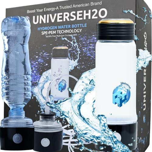UniverseH2O Hydrogen Water Bottle Generator - BPA-Free Glass, Odorless Vent Design- Includes Nasal Cannula - 400ml - SPE PEM Technology - 2800 PPB Molecular Hydrogen - Enhances Daily Drinking Water