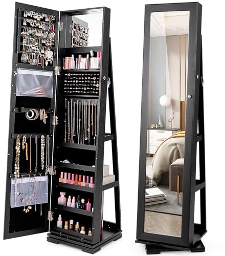 HOMASIS 3 in 1 Specchio Portagioie da Terra Girevole a 360°, Armadio Portagioie con Specchio con Serratura, Porta Gioie con Specchio a Figura Intera e 3 Ripiani, 38 x 38 x 161 cm (Nero)