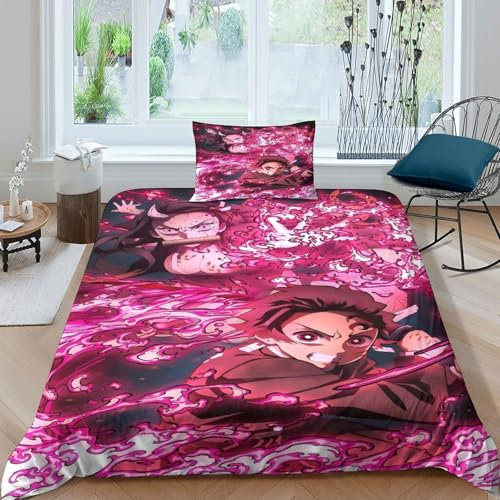 LIAOHENKAN Neuer Anime Demon Slayer Bettbezug Set Mädchen Junge Kinder 3D Gedruckter Bettwäschegarnitur Und Kissenbezüge Reissverschluss Weich Microfaser Bettwäsche 2 Teilig Single(135x200cm)