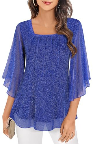 Flikity Tunic Tops for Women UK, 3/4 Sleeve Tops Womens Blouses and Shirts Square Neck Ladies Chiffon Top Elegant Evening Goign Out Party Top Sparkly Blue M