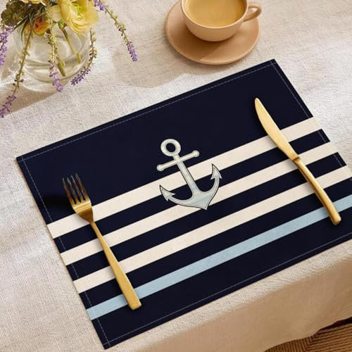Tischset Anker Dekoratives Platzset Baumwolle Leinen Tischsets Marine Weiß Streifen Hitzebeständig Waschbar Dekorative Platzsets für Küche Esszimmer Party Deko 6er Pack 45 x 30 cm