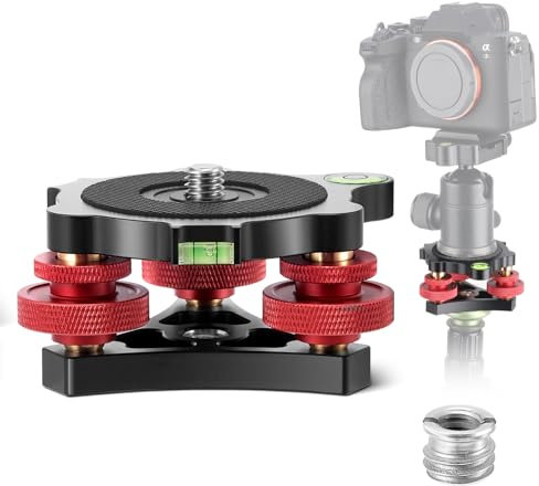 Stativkopf Nivelliersockel, Kamera Nivelliergerät, Nivellierbasis mit 3/8 Schraube, -5° präzise Winkeleinstellung, Dreirad Nivellier für Makro Panoramafotografie, mit 1/4 auf 3/8 Adapter