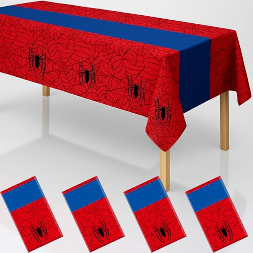 byojia 4Pcs 2in1 Spider Birthday Party Decorations Tablecloth, 54 x 108 Super Hero Table Cloth Disposable Rectangle Plastic Table Cover for Kids Baby Shower Wedding Party Supplies