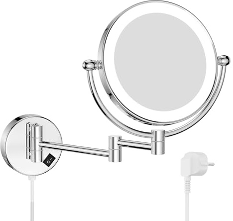 Nicesail Kosmetikspiegel mit Beleuchtung Wandmontage 5X Vergrößerungsspiegel für Bad - Dünner Rahmen - mit Stecker - Bohren Installation - Rasierspiegel - Ausziehbar Schminkspiegel Chrom,Φ 20cm