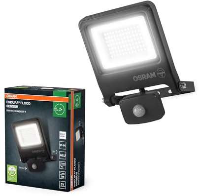 Osram ENDURA FLOOD PC 50W LED-Fluter mit Sensor, 4000K, 5000 Lumen, IP44 Flutlicht IR-Melder, einstellbare Reichweite bis 9m, Dunkelgrau