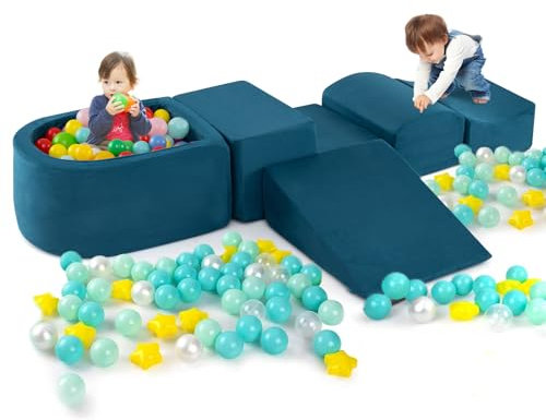 COSTWAY Set di 5 Pezzi Gioco in Schiuma, Blocchi con Piscina di Palline per Bambini, Coperture Lavabili con Cerniere, Blocchi Creativi per Stanza di Giocattoli, Camera da Letto (Blu)