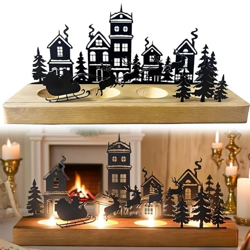 Kerzenhalter Adventskranz Schwarz für 4 Teelichter – Holz Länglich Kerzenständer mit Metall Kerzentellern, Adventsgestecke, Halterung für Kerzen, Tischdeko Weihnachten, Weihnachtsdeko Kerzen