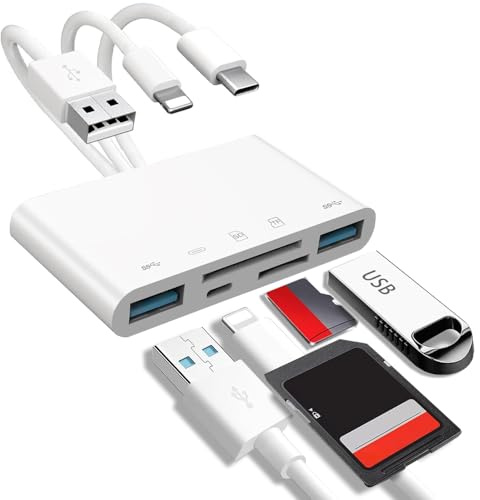 5-in-2 Memory Card Reader, SD Card Reader & USB OTG Adapter for iPhone/iPad/Android, Camera to iPhone Adapter, USB C and A Devices with Micro SD & SD Card Slots, Supports SD/SDHC/SDXC/MMC/TF Cards
