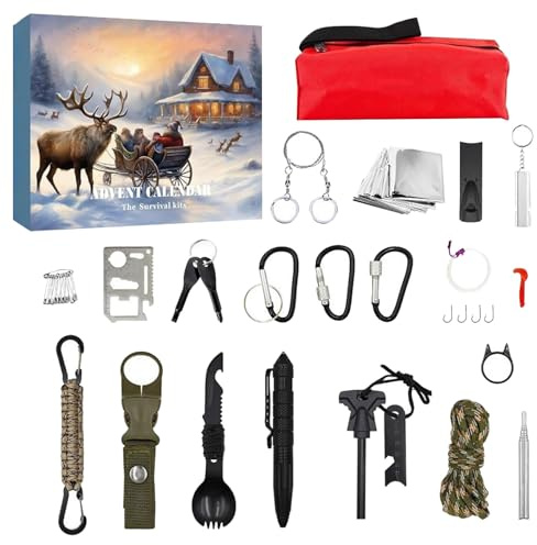 Adventskalender Survival Kit für Männer, Adventskalender Survival-Werkzeuge 24 Tage Weihnachts-Countdown mit Outdoor-Werkzeugen, Überraschungsgeschenke für Outdoor-Enthusiasten
